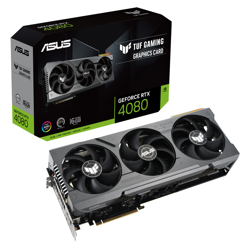 ASUS TUF Gaming GeForce RTX 4080 16GB GDDR6X OC Edition Packaging and graphics card