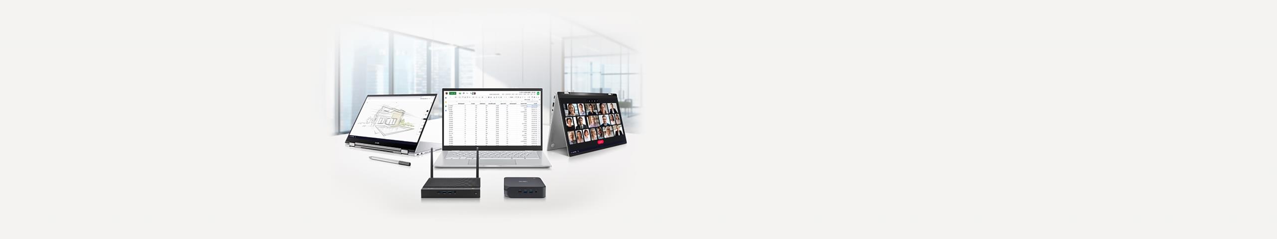 عرض ثلاثة أجهزة ASUS Chromebook و ASUS Pen و Chromebox وجهاز توجيه WiFi. الجهاز على اليسار في وضع الخيمة مع Google Meet على الشاشة. الجهاز الأوسط في وضع الكمبيوتر المحمول مع جدول بيانات Excel على الشاشة. الجهاز على اليمين في وضع الوقوف مع Google Canvas على الشاشة.