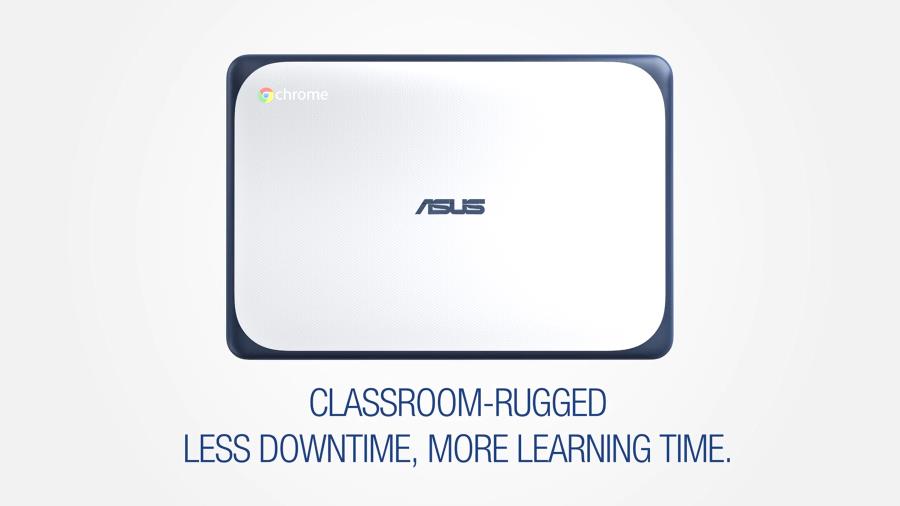 ASUS Chromebook C202 in the middle with tagline - Classroom-rugged design: Less downtime. More Learning time.