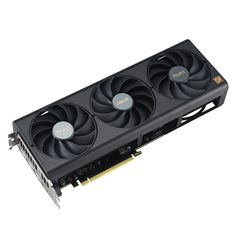 ASUS ProArt GeForce RTX 4060 Ti 16GB OC Edition 45 degree top-down view with focus on bottom side
