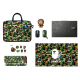 Black ASUS Vivobook S 15 OLED BAPE Edition laptop with its green camo accessories including carry bag, mouse, mouse cover, stickers and giftbox.