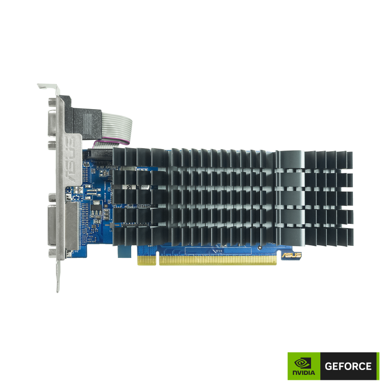 Front angled view of the ASUS GeForce GT710 2GB GDDR5 EVO graphics card with NVIDIA logo