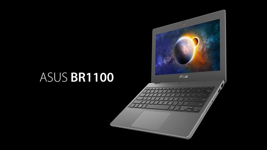 Ein ASUS BR1100 Laptop schwebt vor einem schwarzen Hintergrund.