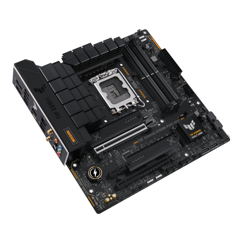 TUF GAMING B760M-PLUS WIFI front view, tilted 45 degrees 