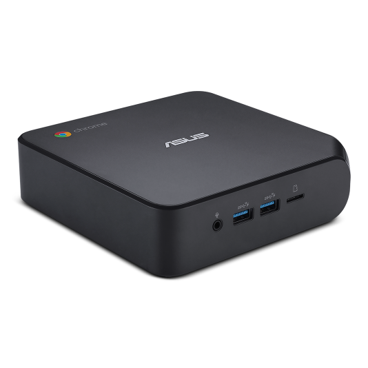 En ASUS Chromebox 4 vises på en hvid baggrund.