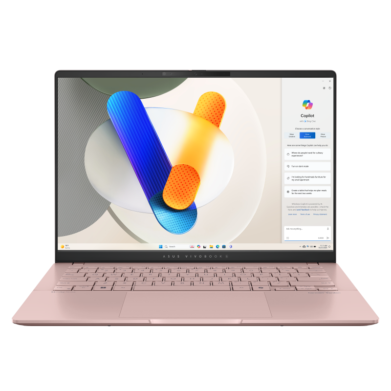 玫瑰金 ASUS Vivobook S 14 OLED 從正面打開。