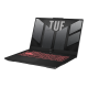 2022 TUF Gaming A15 Off center front view of the TUF A17, with the TUF logo on screen and the keyboard illuminated in red
