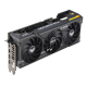TUF Gaming GeForce RTX 4070 graphics card angled top down view, highlighting the fans, ARGB element, and IO ports 