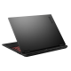A rear view of the TUF Gaming A16 gaming laptop tilted to the right with the lid opened slightly and the TUF logo visible on the rear of the lid,
