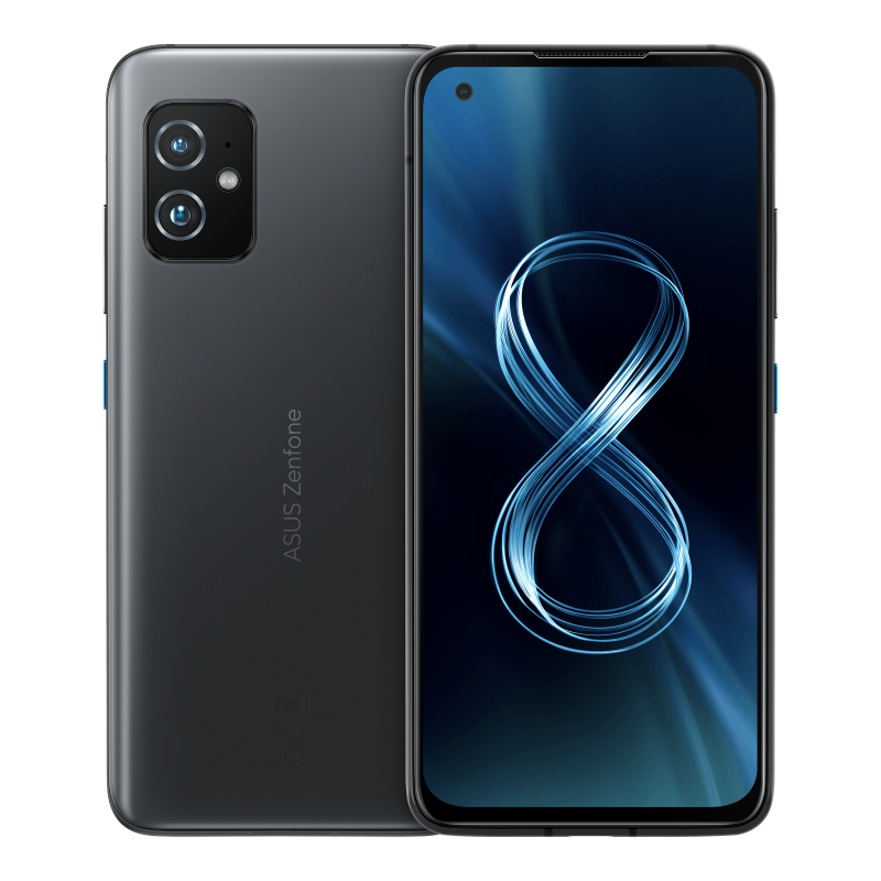 Two Obsidian Black Zenfone 8 angled view from both front and back
