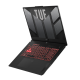2023 TUF Gaming A17 Off center view of the TUF A17, with the TUF logo on screen and the keyboard illuminated in red