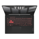 2023 TUF Gaming A17 Top down view of the TUF A17, with the TUF logo on screen and the keyboard illuminated in red