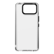 Front-facing view of a transparent phone case, showcasing a glossy finish and black button accents.