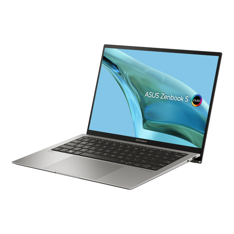 Gray ASUS Zenbook S 13 OLED opened at 120 degrees and is viewed from the right side.