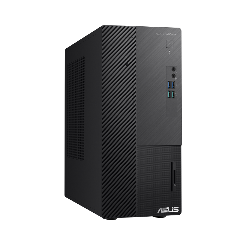 A right angled front view of an ASUS ExpertCenter D5 Mini Tower