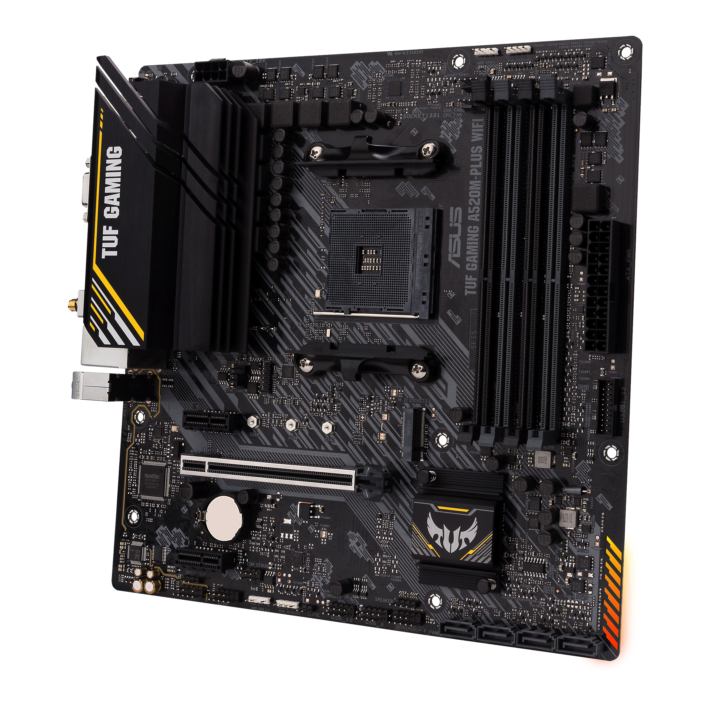 AMD A520 (Ryzen AM4) micro ATX motherboard with M.2 support, 1 Gb Ethernet,  HDMI/DVI/D-Sub, SATA 6 Gbps, USB 3.2 Gen 2 Type-A, and Aura Sync RGB  lighting support