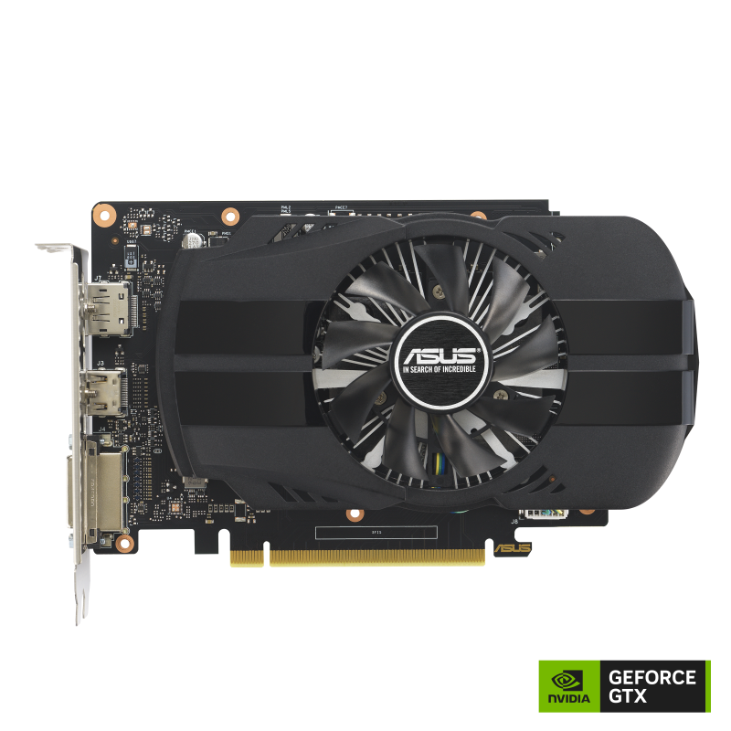 ASUS Phoenix GeForce GTX 1630 4GB GDDR6 EVO graphics card, front view Grafična kartica ASUS Phoenix GeForce GTX 1630 4GB GDDR6 EVO komponentko mlacom