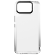Front-facing view of a transparent phone case, showcasing a glossy finish and black button accents