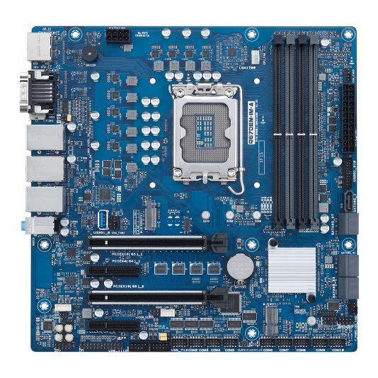 Front view of ASUS IoT Q670M-EM-A industrial Micro-ATX motherboard for embedded applications