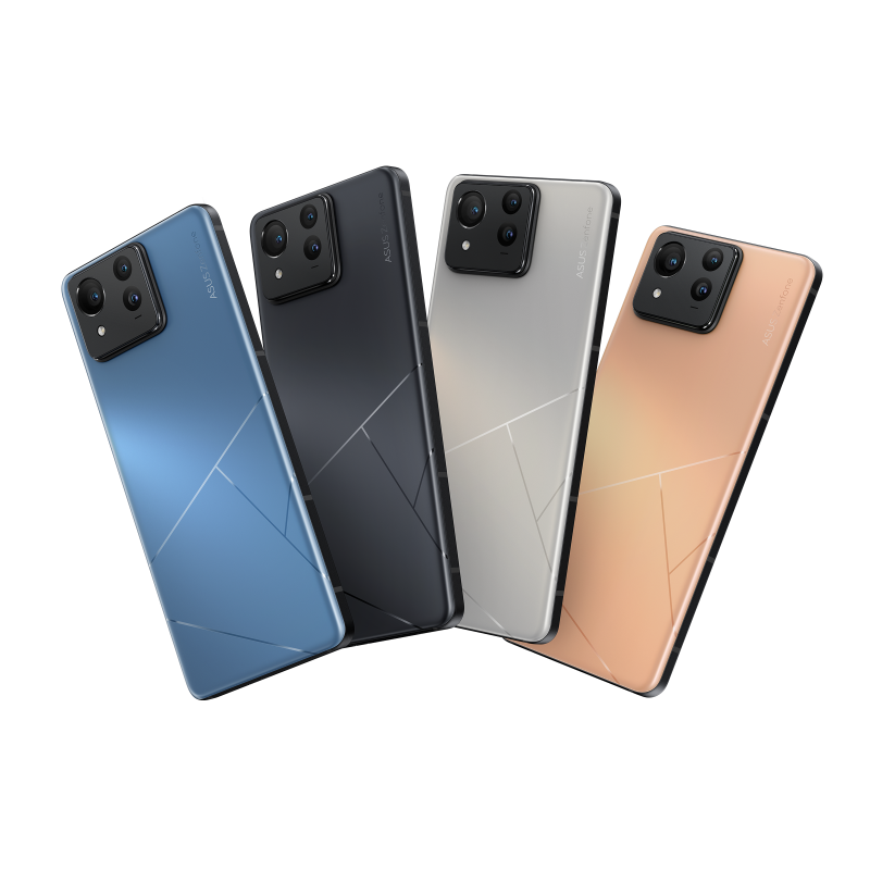 Zenfone 11 Ultra group photo with 4 colors standing side by side from left to right are skyline blue, eternal black, misty grey and desert sand.