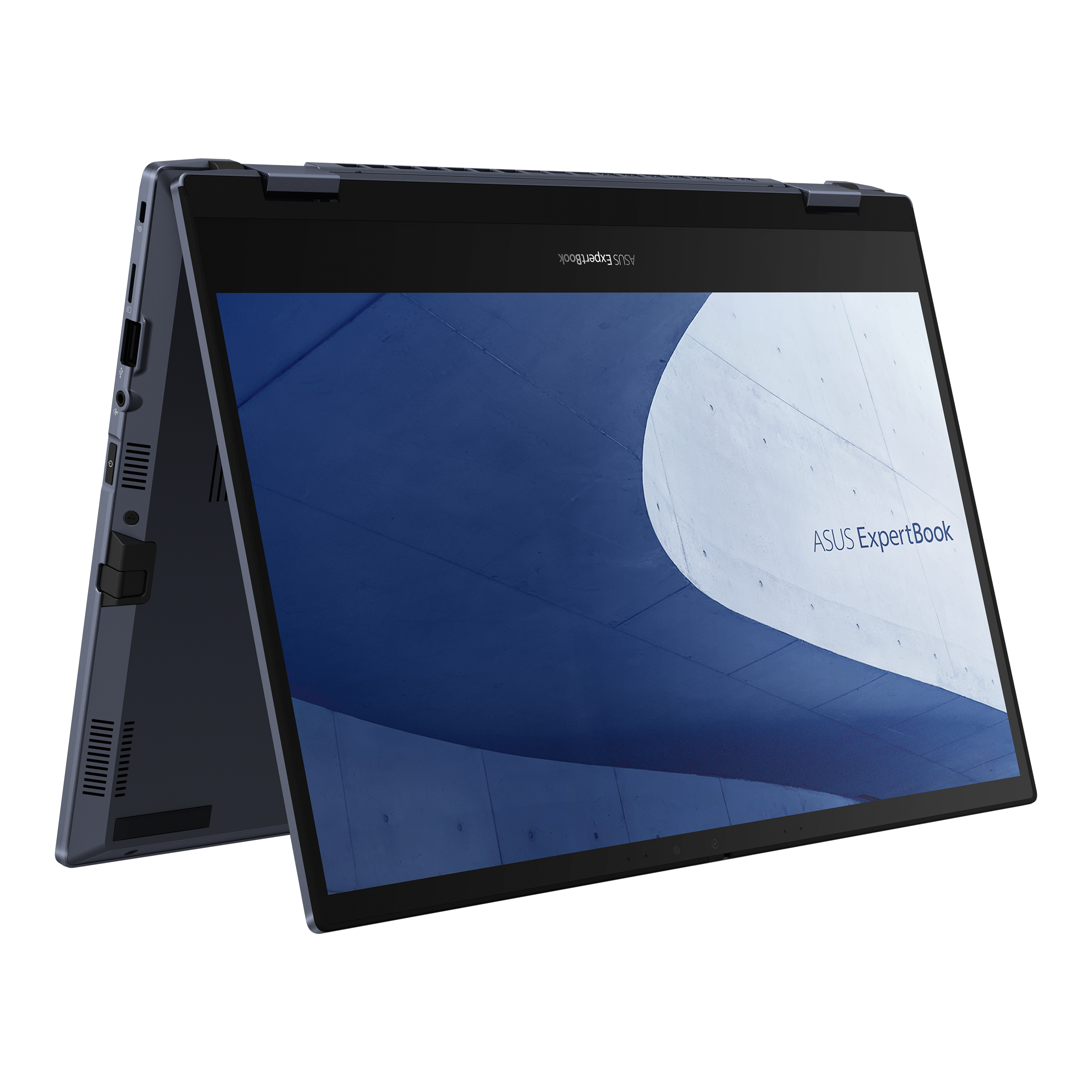 A side view of ExpertBook B5 Flip in tent mode.