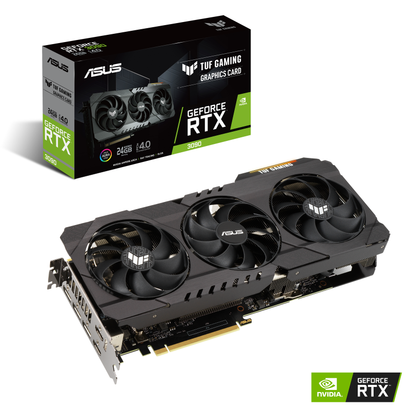 TUF Gaming GeForce RTX 3090 Packaging and graphics card with NVIDIA logo