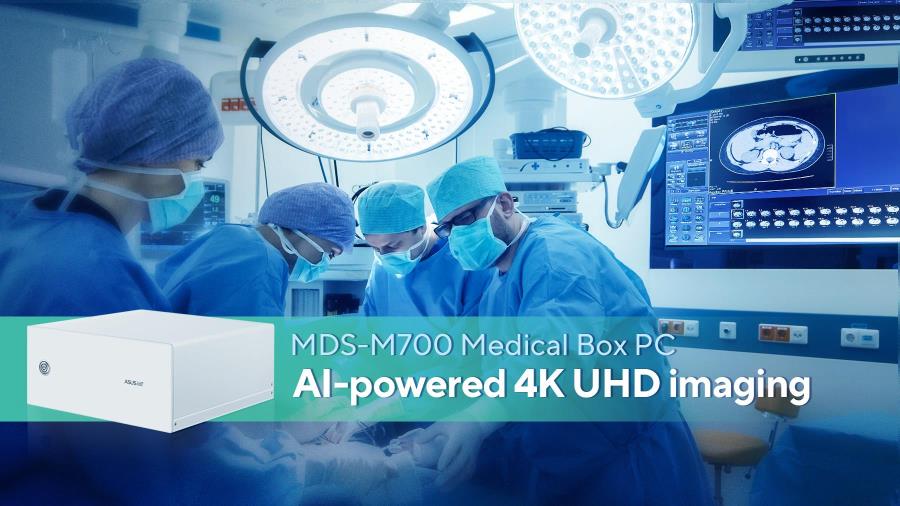 In hospital operating room, four doctors are doing surgery with high-resolution images projected on the screen powered by MDS-M700 medical box PC.  Image download URL: as attached