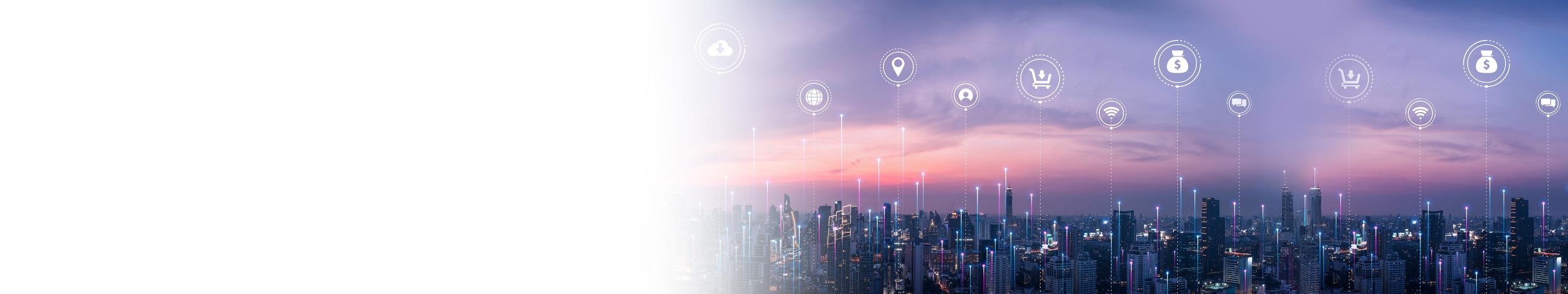 City skyline under a pink sunset with digital icons above buildings, symbolizing technology and connectivity; a futuristic and innovative atmosphere.