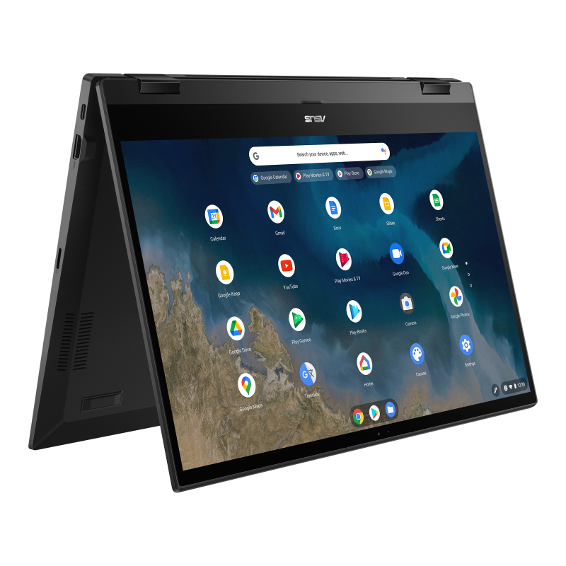 An angled front view of an ASUS Chromebook Enterprise Flip CM5 in tent mode.