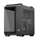 TUF Gaming GT502 Horizon Black right-side bottom-up view with side panel, tilted 45 degrees