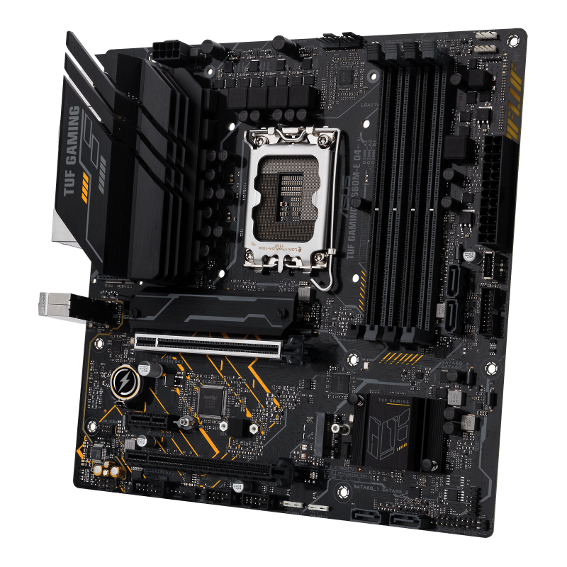 TUF GAMING B660M-E D4 front view, 45 degrees