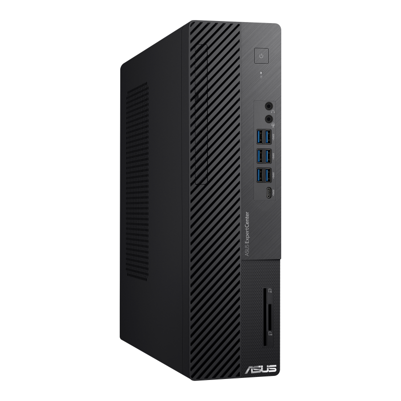 An angled front view of an ASUS ExpertCenter D7 SFF