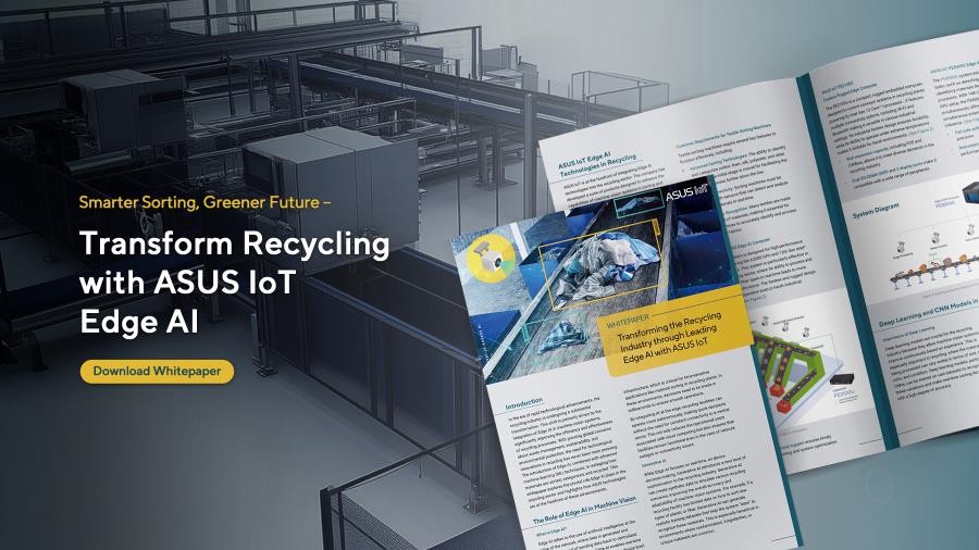 A textile recycling product line at left-hand side with 3-page document preview on at right-hand side to show it is a white paper studying Edge AI applications in smart factory.