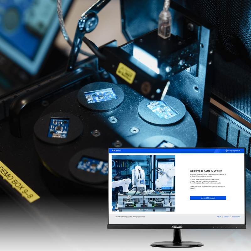A robotic arm analyzes circuit boards, displaying the AISVision365 interface on an ASUS monitor