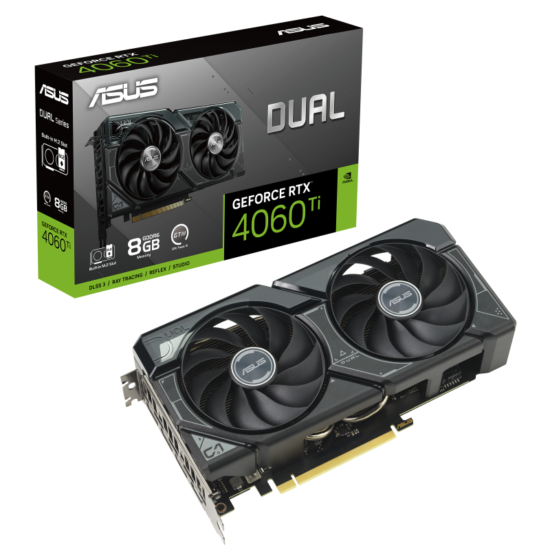 ASUS Dual GeForce RTX 4060 Ti SSD colorbox and graphics card