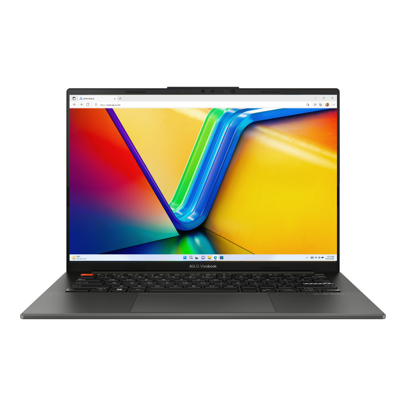 從正面開啟的黑色 Vivobook S 14 OLED (K5504) 顯示器。