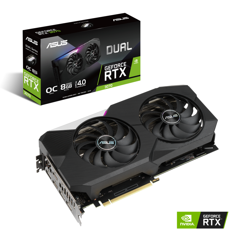 Dual GeForce RTX 3070 OC Edition packaging and graphics card with NVIDIA logo