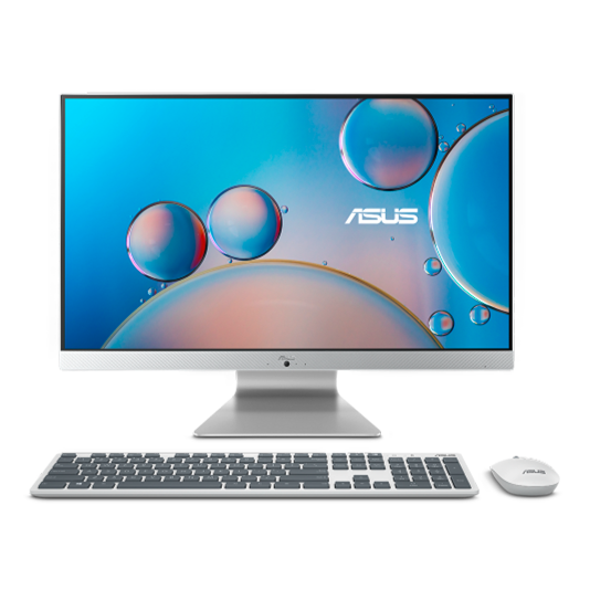 Ein ASUS Advanced AiO wird von vorne, mit Tastatur und Maus, auf weißem Hintergrund gezeigt.
